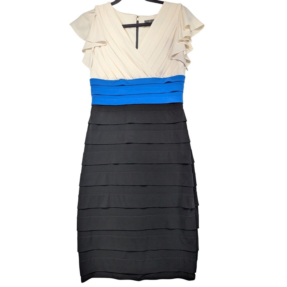 Collection Dressbarn Women's Sheath Dress Black Blue Ivory‎ Tiered V-Neck Size 4